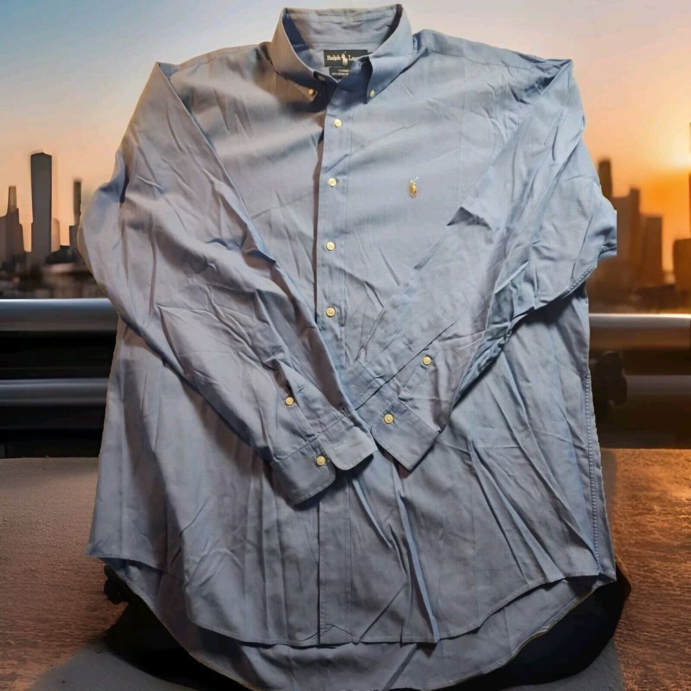Polo Ralph Lauren Men's 17-35 Yarmouth Cotton Twill Blue Shirt Flesh Pony 992